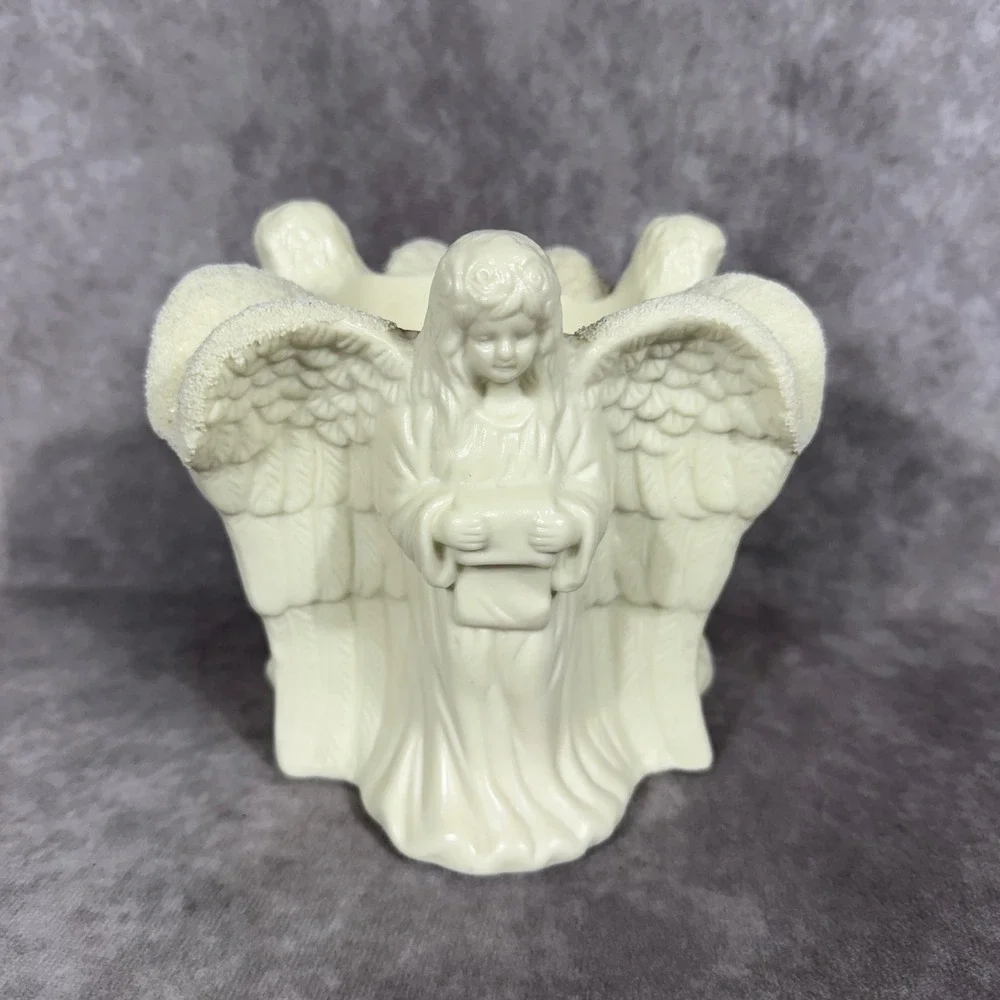 Vtg 90s Y2K Ceramic Circle of Angels Cherubs Candle Holder Votive‎ Jar White EUC